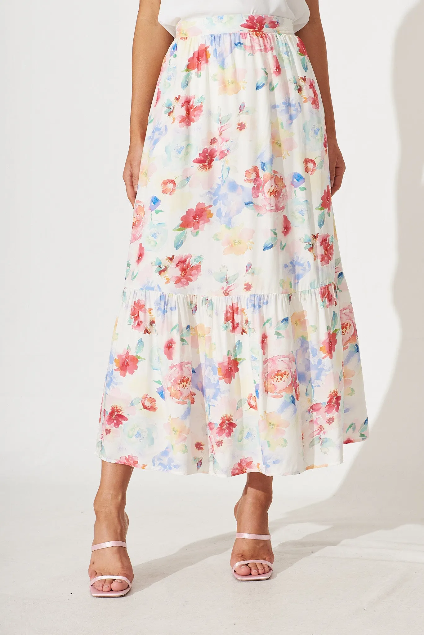 Jules Midi Skirt In White With Bright Watercolour Floral Print sold by St Frock product image thumbnail 2