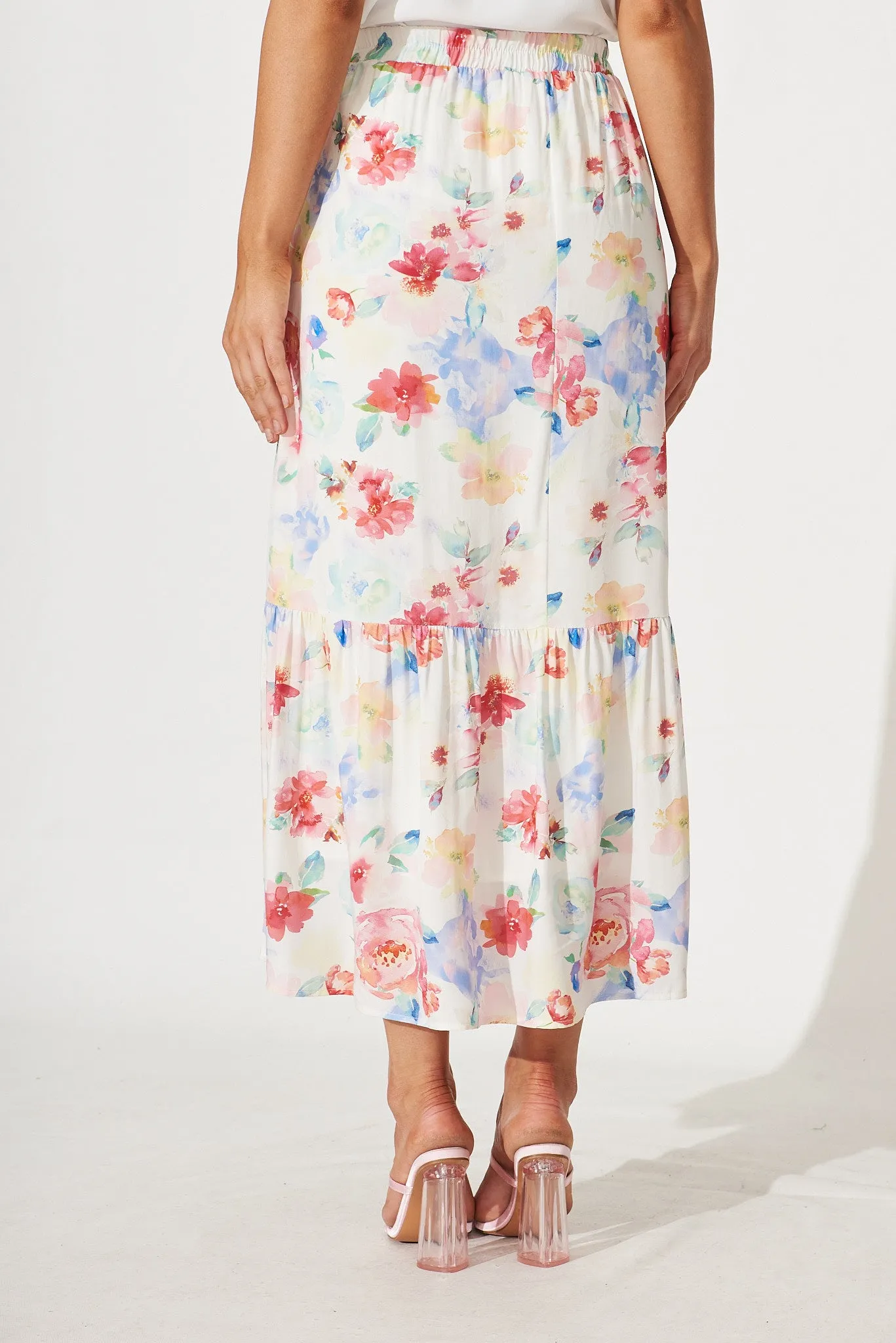 Jules Midi Skirt In White With Bright Watercolour Floral Print sold by St Frock product image thumbnail 4