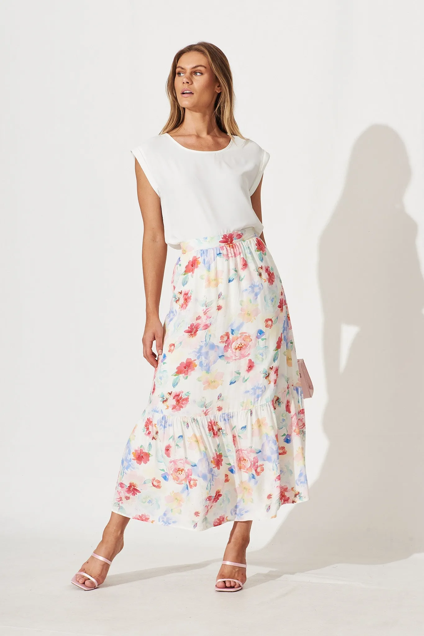 Jules Midi Skirt In White With Bright Watercolour Floral Print sold by St Frock product image thumbnail 5