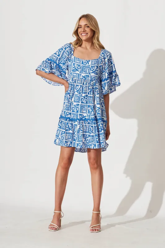 Mirabelle Smock Dress In White With Blue Tile Print sold by St Frock