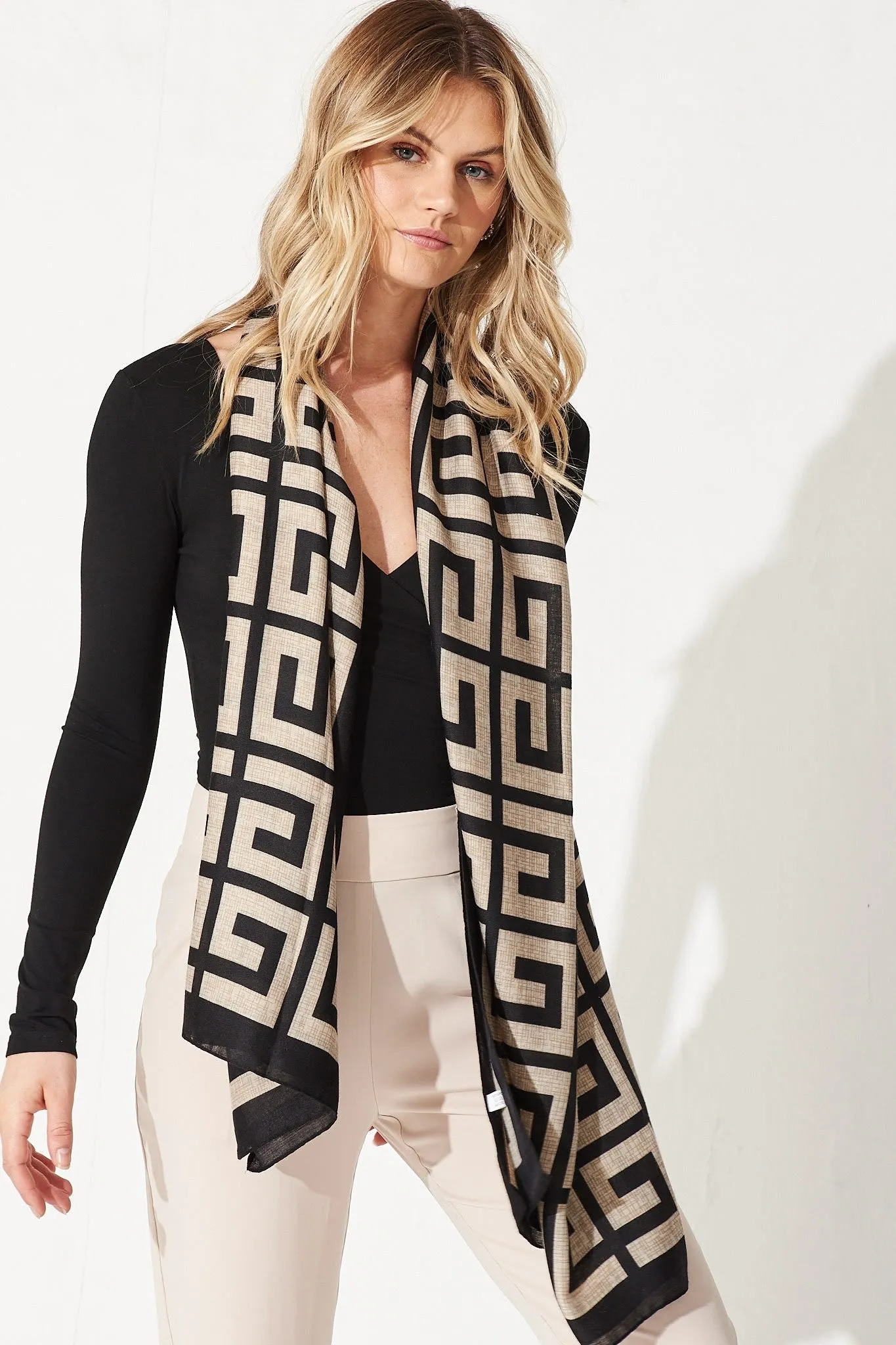 Sophia Scarf In Black And Beige Geometric sold by St Frock product image thumbnail 2