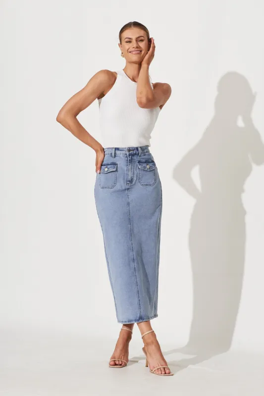 Delta Maxi Denim Skirt In Mid Blue sold by St Frock