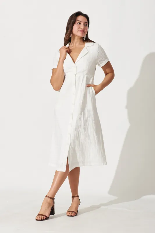 Abigail Midi Shirt Dress In White Textured Cotton sold by St Frock