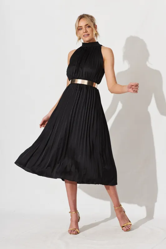 Simmie Midi Dress In Black Pleated Satin sold by St Frock