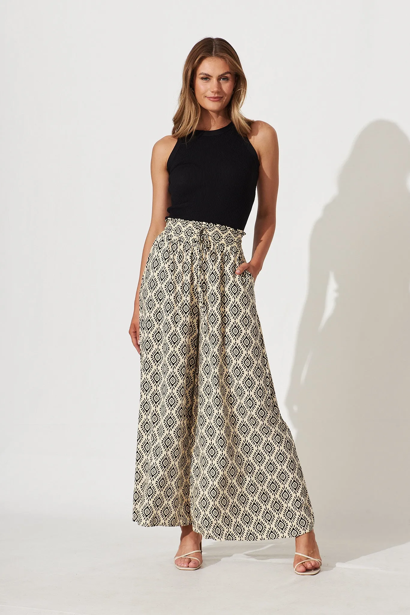 Goldie Wide Leg Pant In Cream With Black Print sold by St Frock