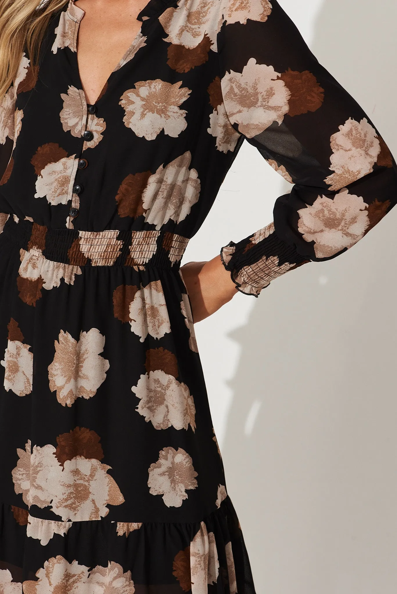 Hamilton Maxi Dress In Black With Brown Floral Chiffon sold by St Frock product image thumbnail 5