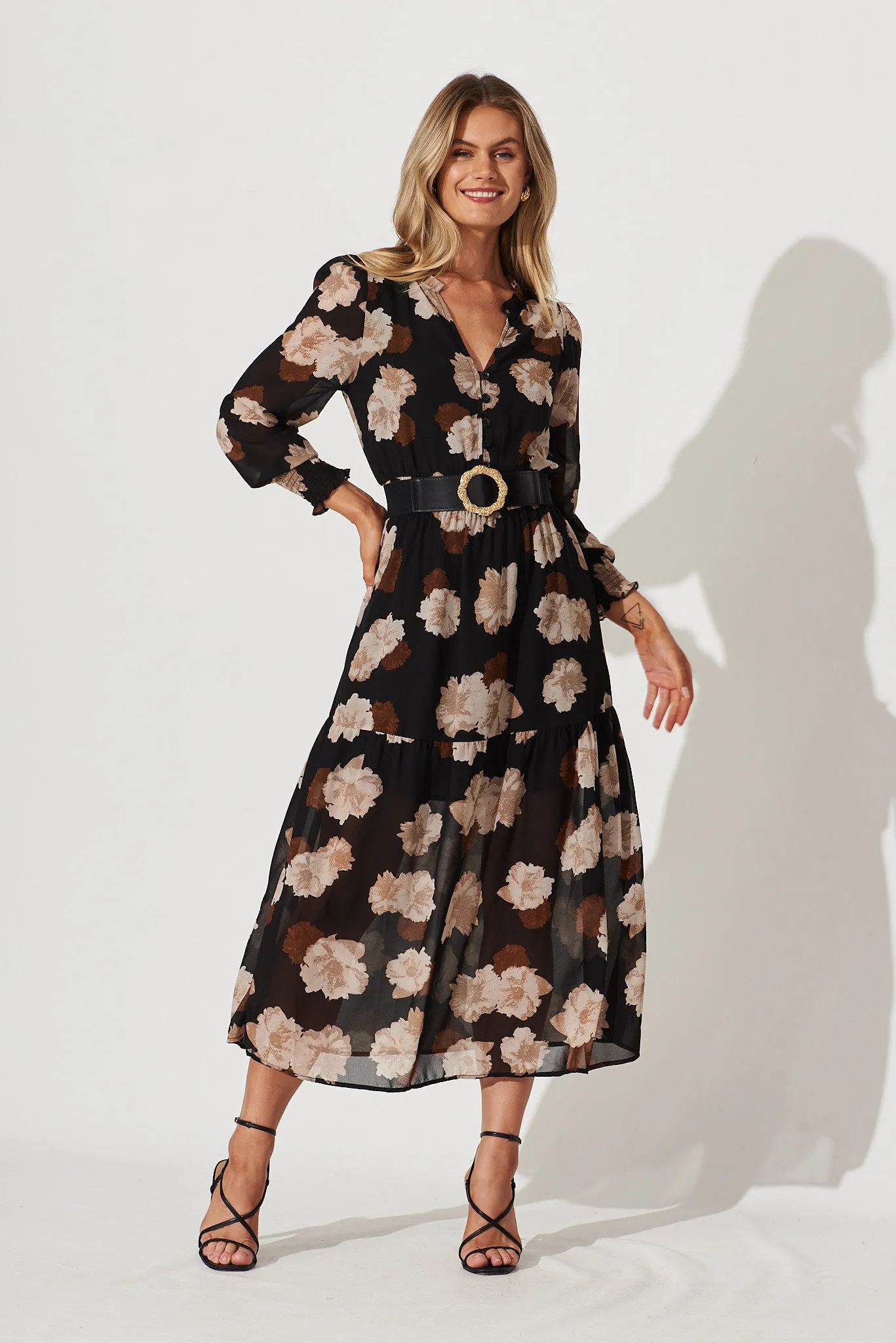 Hamilton Maxi Dress In Black With Brown Floral Chiffon sold by St Frock