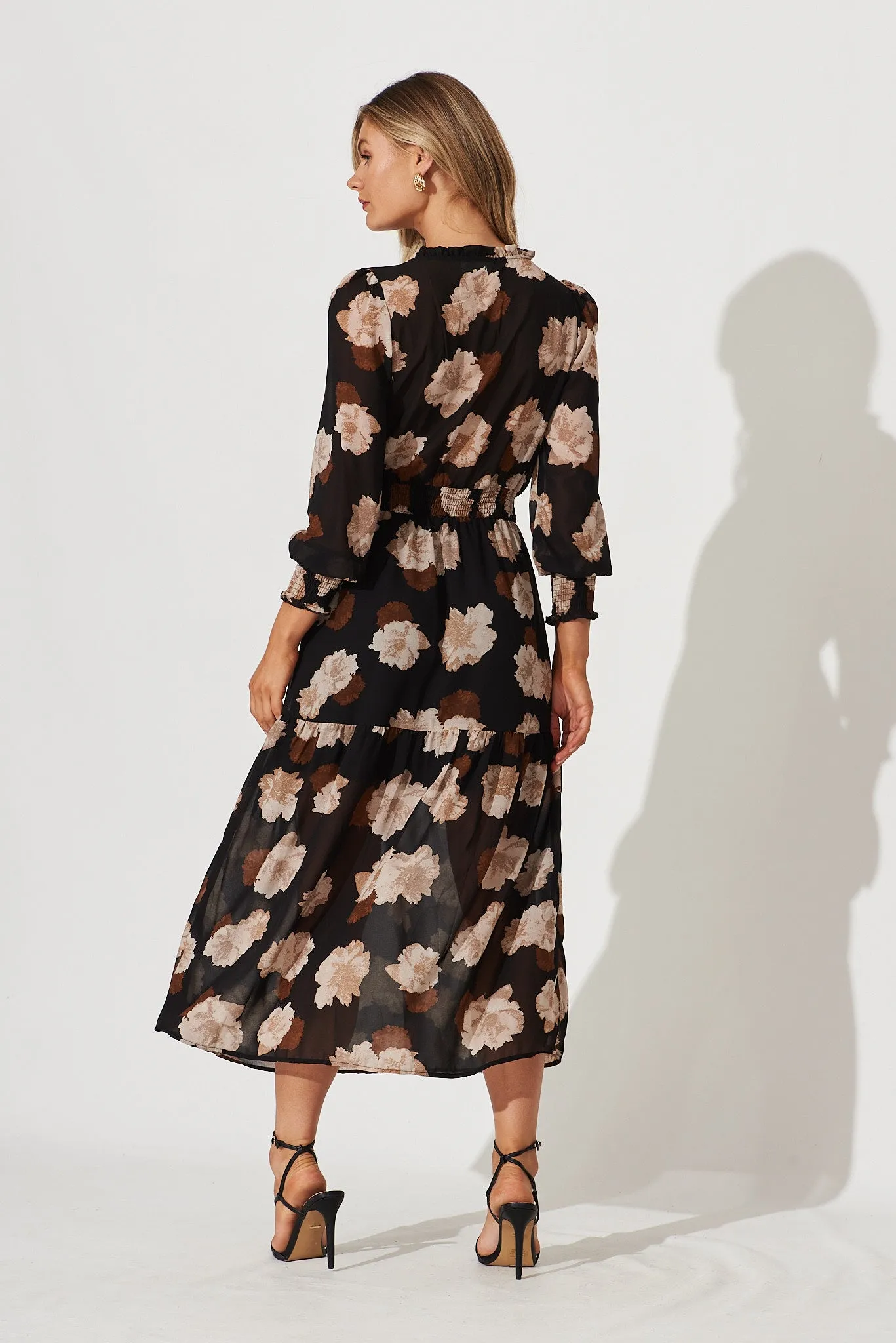 Hamilton Maxi Dress In Black With Brown Floral Chiffon sold by St Frock product image thumbnail 4