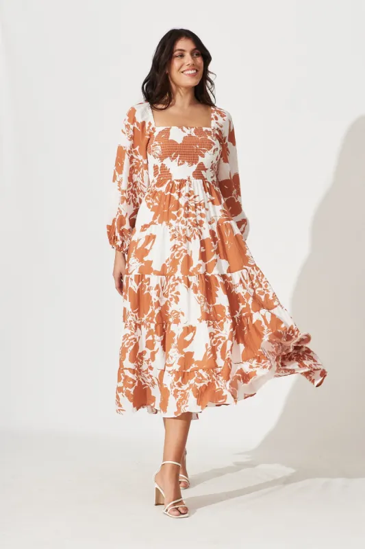 Kait Midi Dress In White With Brown Floral sold by St Frock