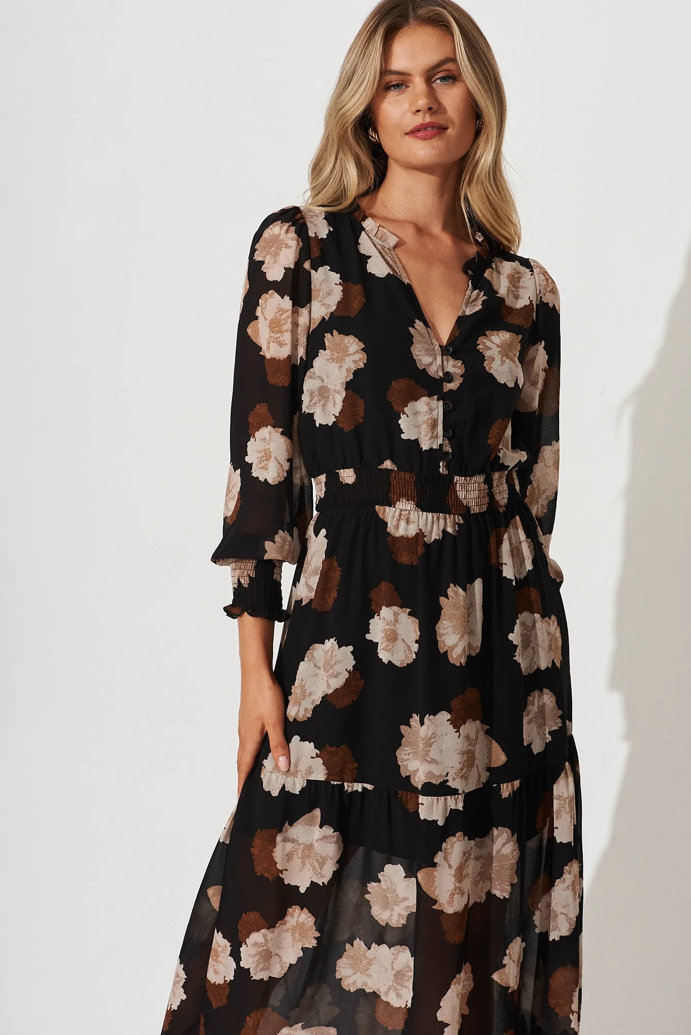 Hamilton Maxi Dress In Black With Brown Floral Chiffon sold by St Frock product image thumbnail 2
