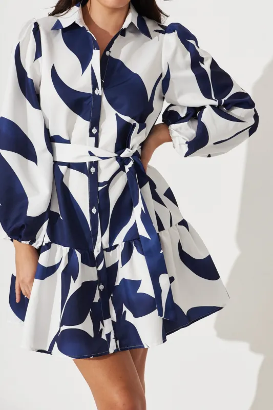 Giulia Shirt Dress In White With Navy Print sold by St Frock