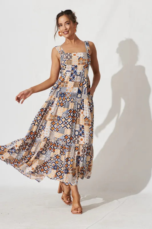 Izabel Maxi Sun Dress In Blue Tile Print sold by St Frock