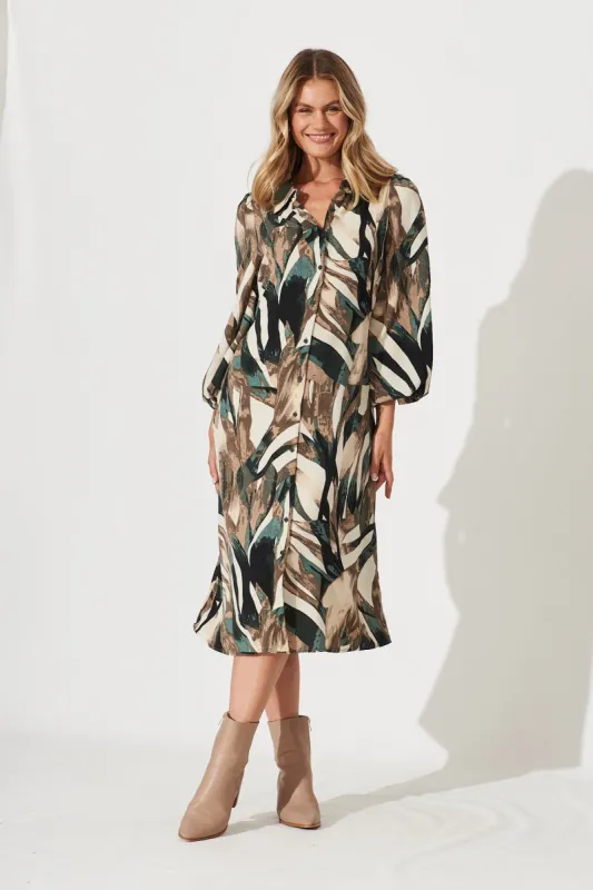 Neutral Bay Midi Shirt Dress In Cream With Black And Green Print sold by St Frock