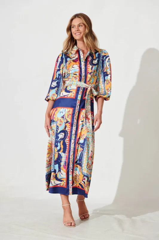 Gabi Maxi Shirt Dress In Navy Multi Print Satin sold by St Frock