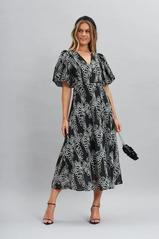 Tiffany Maxi Dress In Black With White Embroidery sold by St Frock