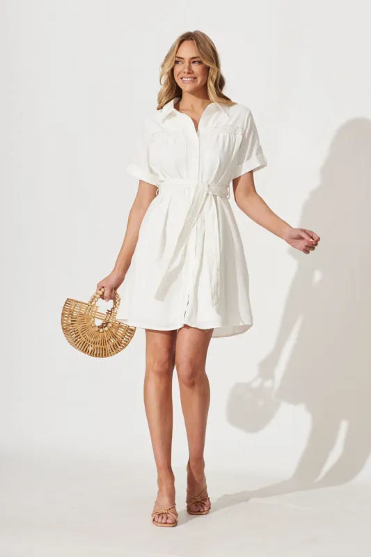 Meryl Shirt Dress In White Linen Blend sold by St Frock