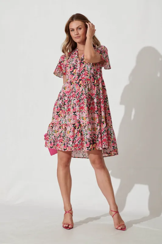 Saldana Smock Dress In Fuchsia Watercolour Floral Cotton sold by St Frock