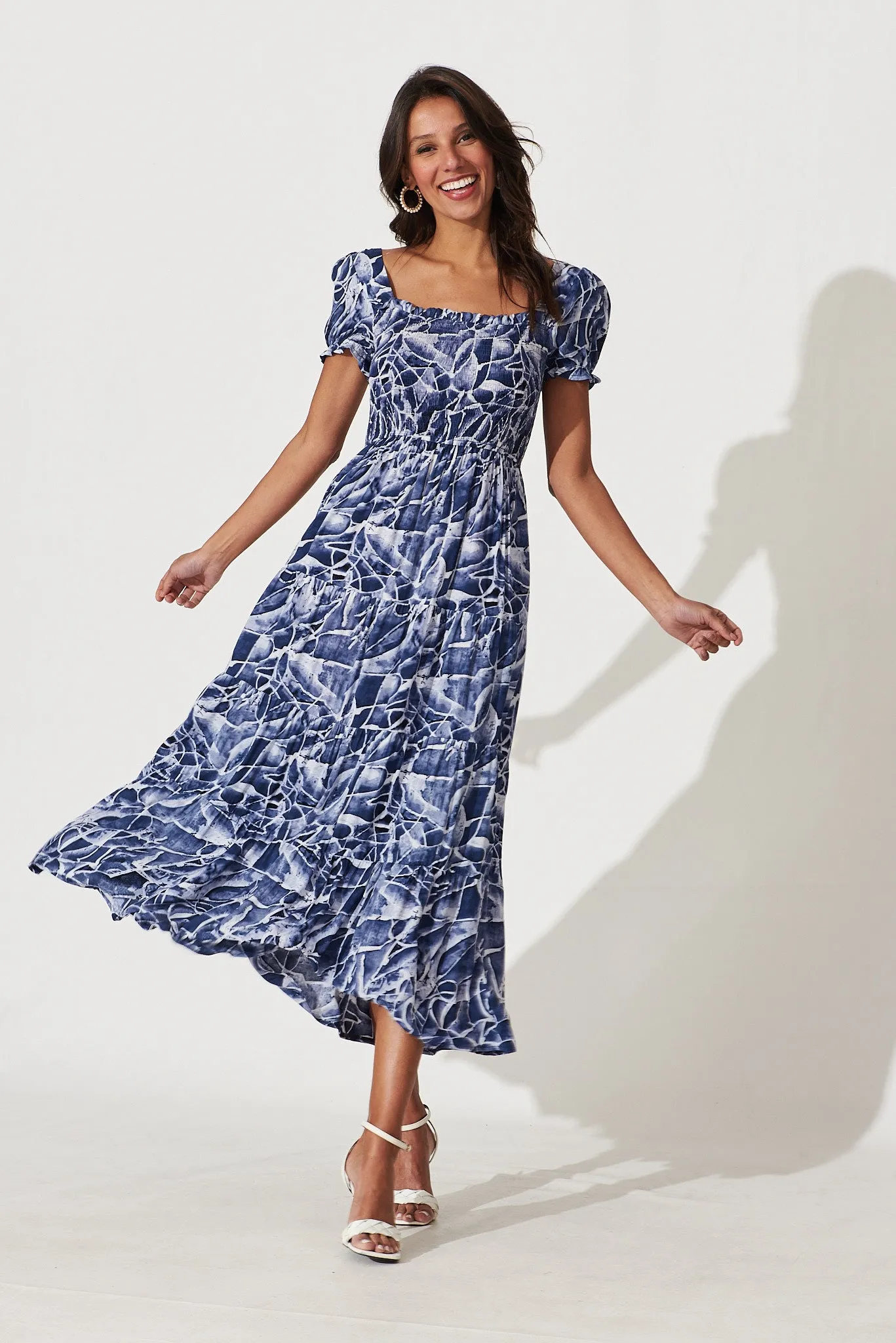 Water Lily Midi Dress In Navy With White Print sold by St Frock