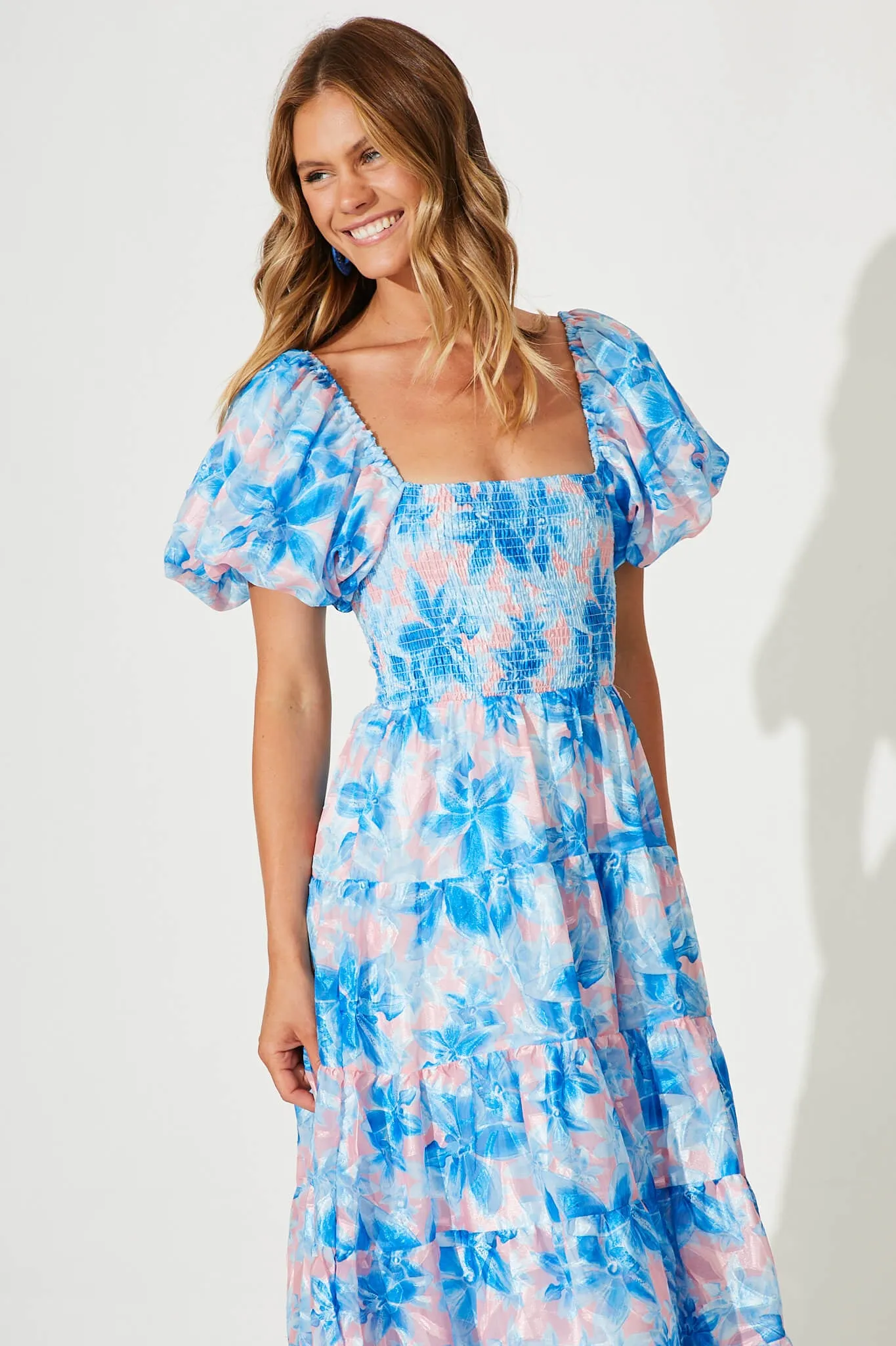 Kaito Midi Dress In Blue With Blush Floral Burnout Chiffon sold by St Frock product image thumbnail 2