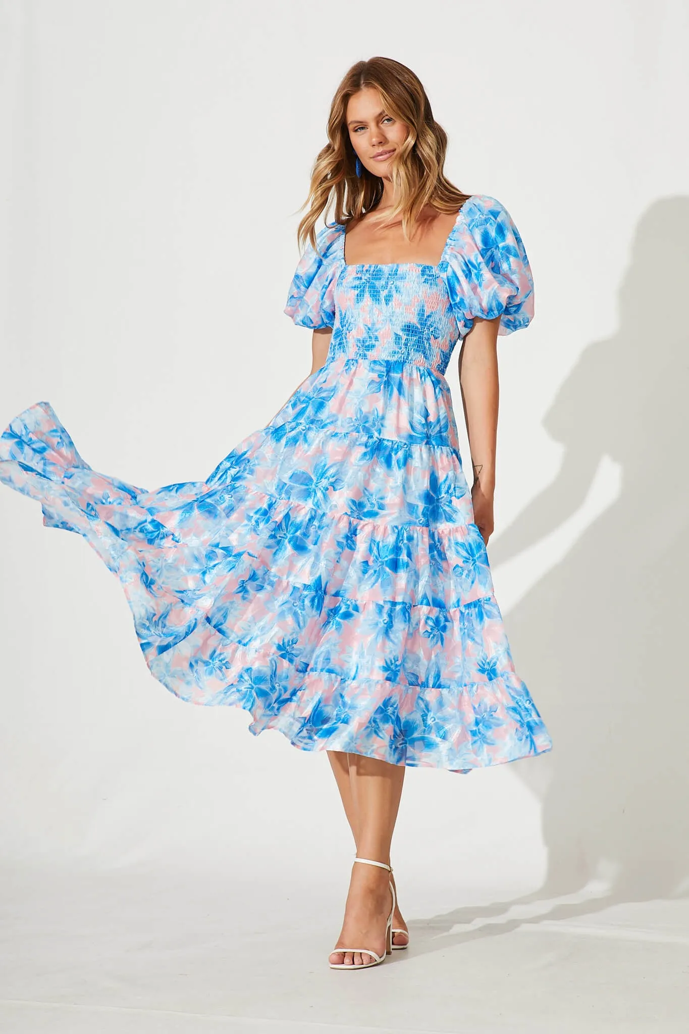Kaito Midi Dress In Blue With Blush Floral Burnout Chiffon sold by St Frock