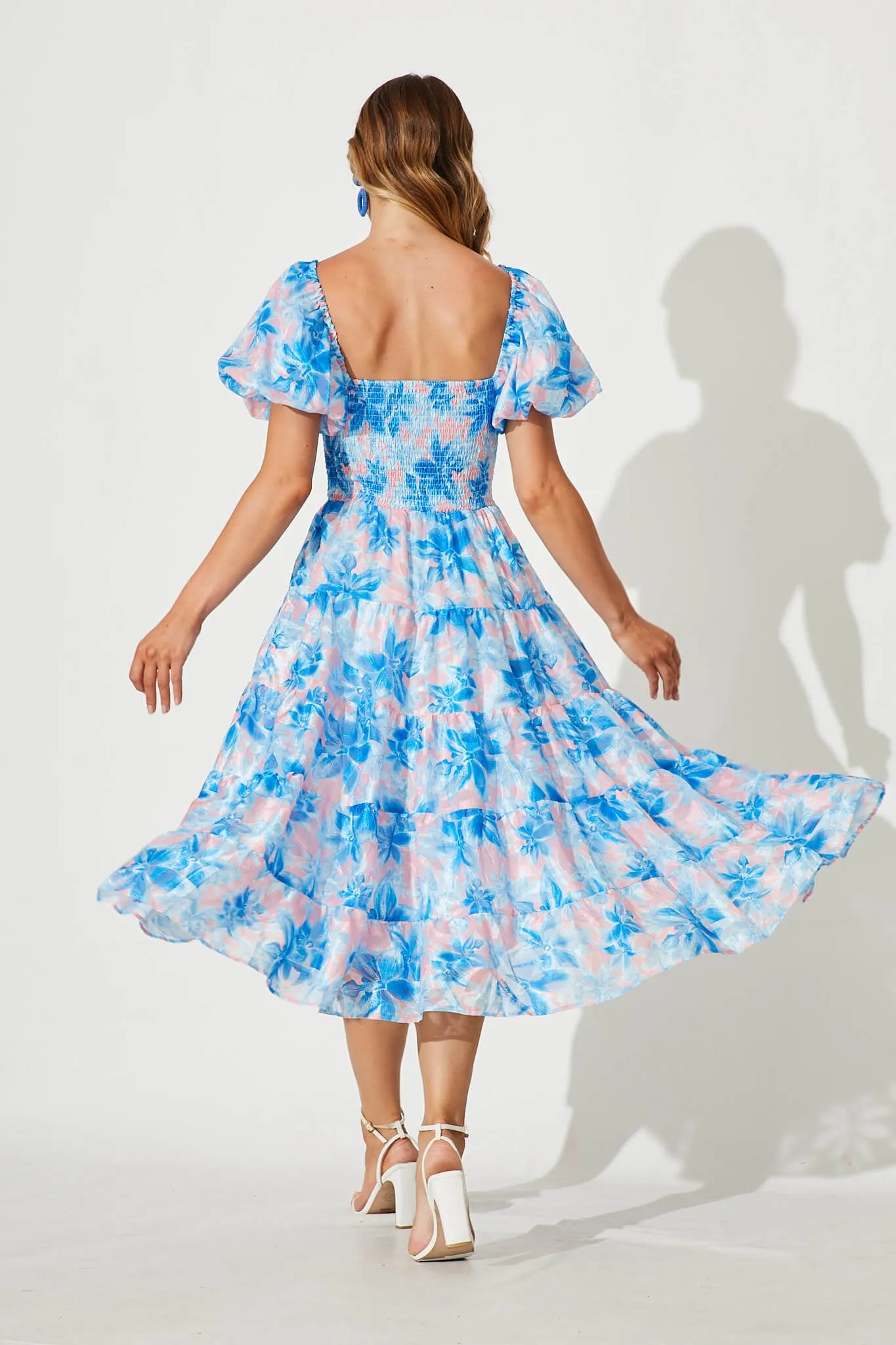 Kaito Midi Dress In Blue With Blush Floral Burnout Chiffon sold by St Frock product image thumbnail 4