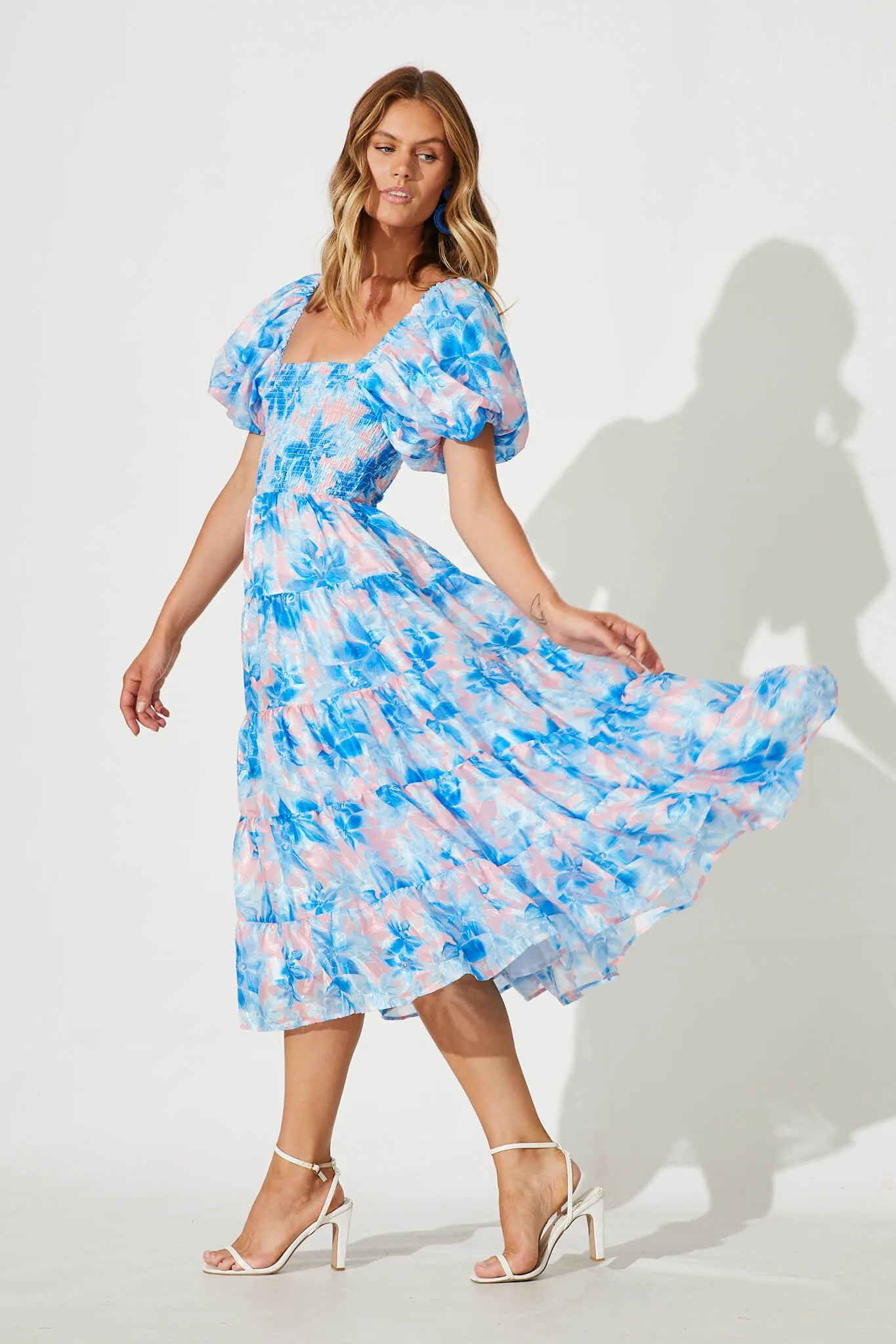 Kaito Midi Dress In Blue With Blush Floral Burnout Chiffon sold by St Frock product image thumbnail 3