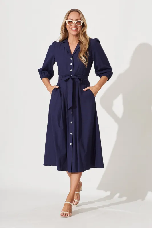 Minnie Midi Shirt Dress In Navy Plain Cotton sold by St Frock