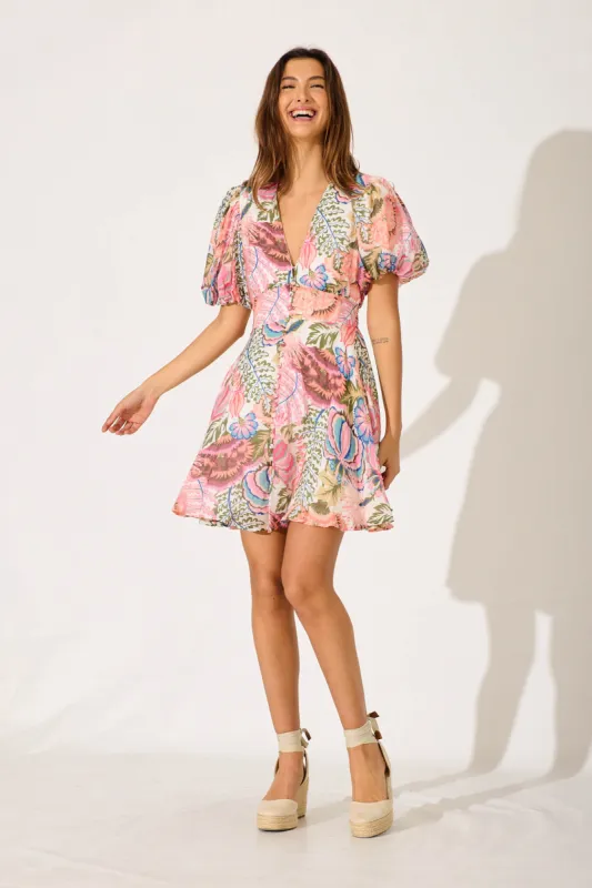 Clarissa Dress in White with Multi Print sold by St Frock