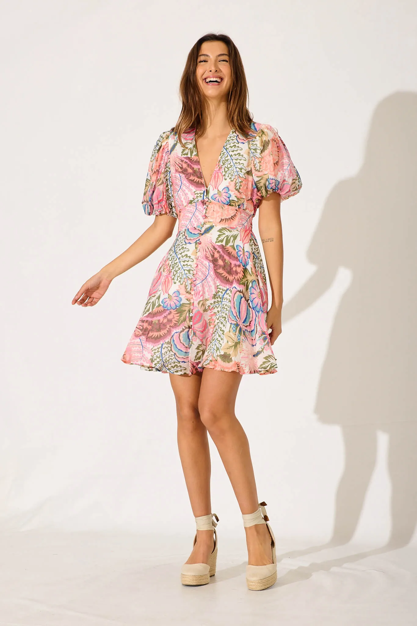 Clarissa Dress in White with Multi Print sold by St Frock