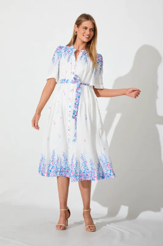 Laylah Midi Dress In White With Blue Floral Placement Linen Blend sold by St Frock