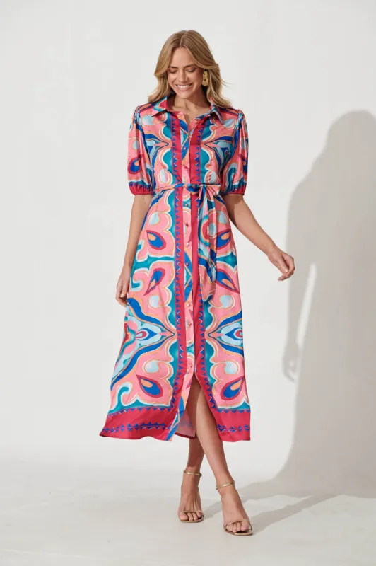 Gabriela Maxi Shirt Dress In Fuchsia Multi Print Satin sold by St Frock