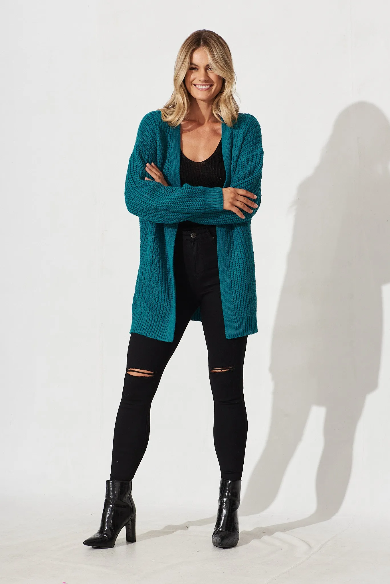 Turin Knit Cardigan In Teal Cotton Blend sold by St Frock