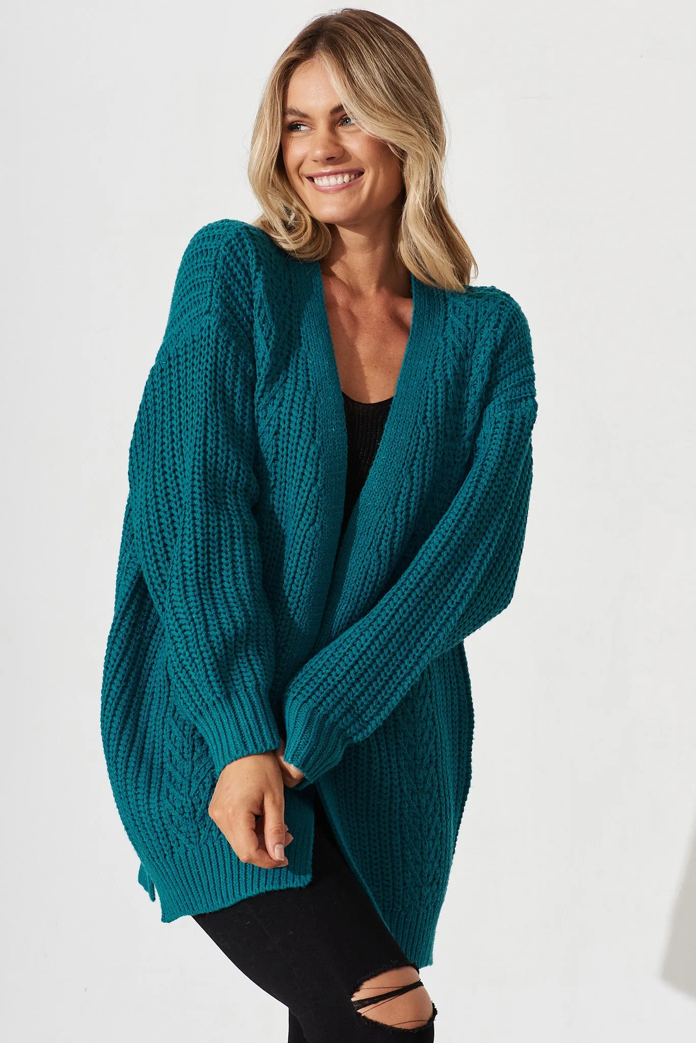 Turin Knit Cardigan In Teal Cotton Blend sold by St Frock product image thumbnail 2