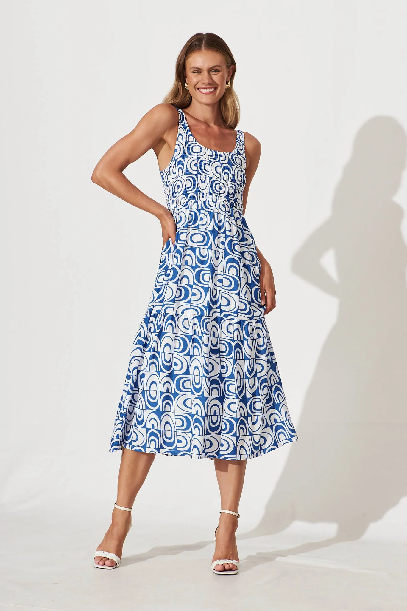 Caribbean Midi Dress In White And Cobalt Geometric sold by St Frock