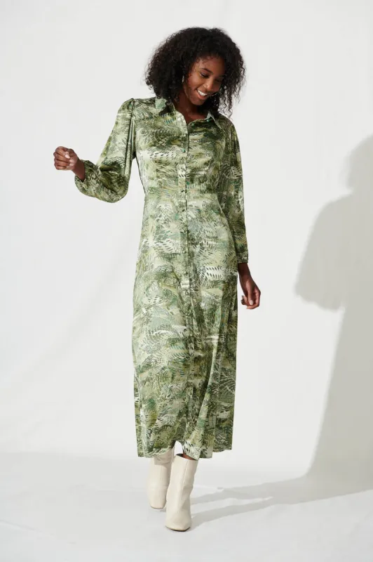 Gabi Maxi Shirt Dress In Green Multi Satin sold by St Frock