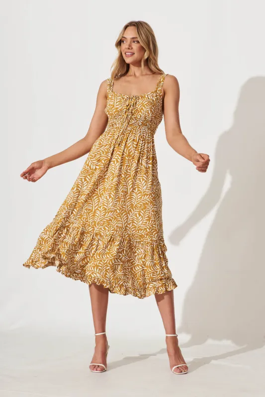 Beautiful Midi Dress In Mustard With White Leaf Print sold by St Frock
