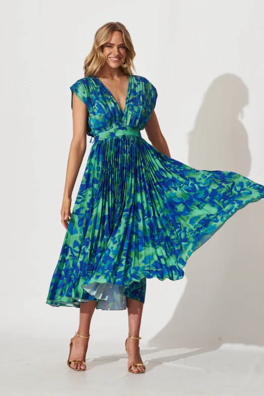 Anetta Midi Dress In Green And Blue Watercolour Satin sold by St Frock
