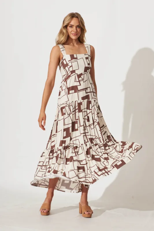 Izabel Maxi Sun Dress In White With Chocolate Geometric sold by St Frock