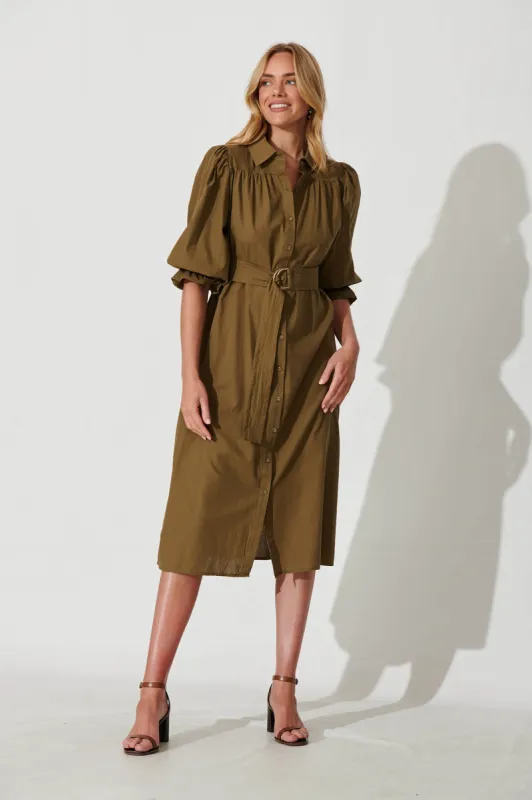Sicilian Midi Shirt Dress In Khaki Cotton sold by St Frock