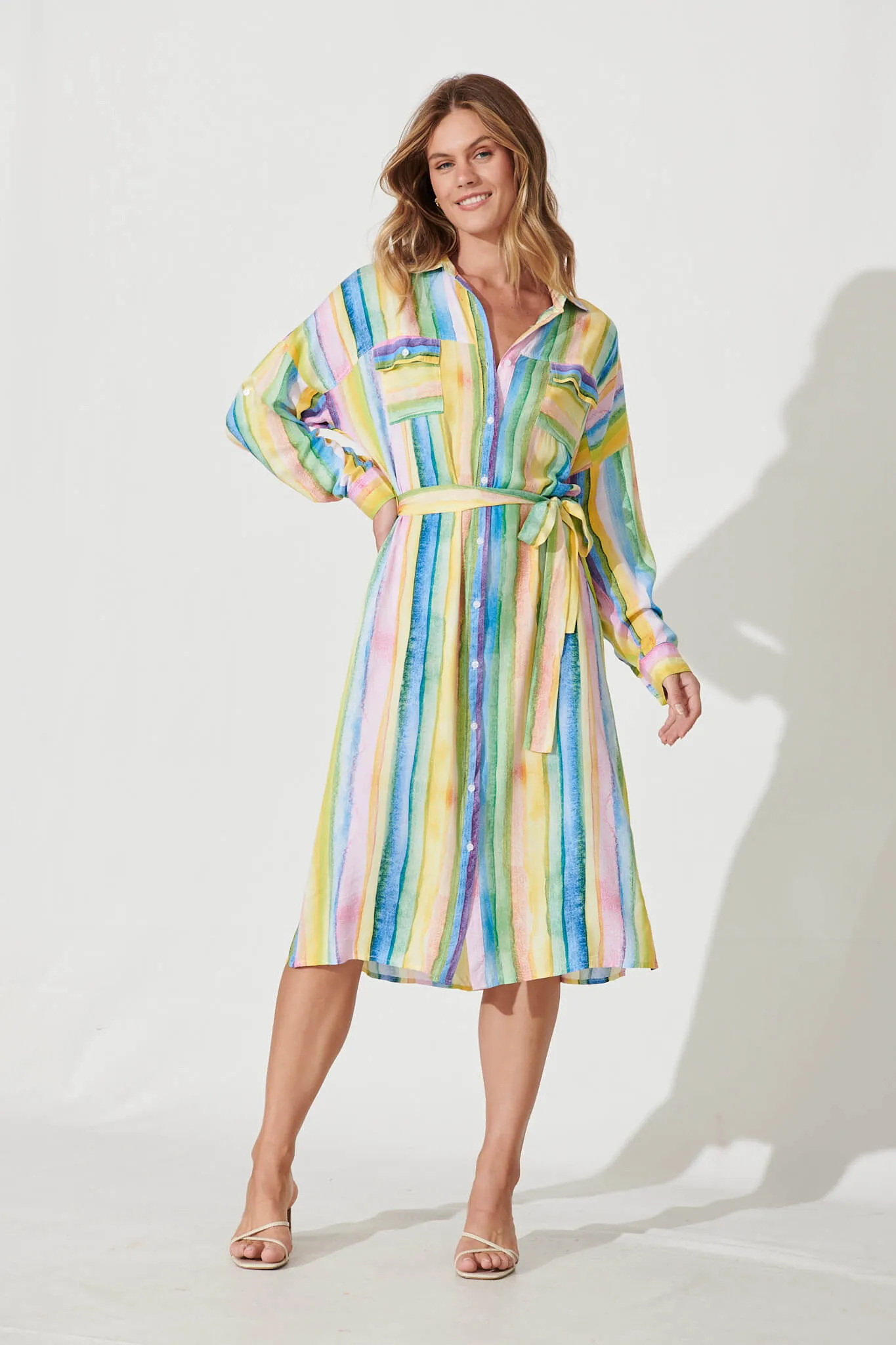 Selene Midi Shirt Dress In Multi Stripe sold by St Frock