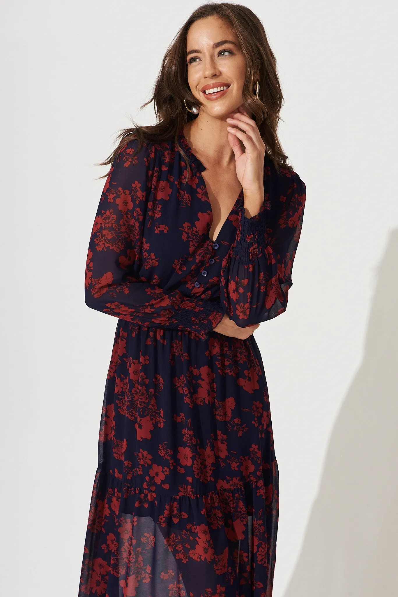 Hamilton Maxi Dress In Navy With Burgundy Floral Chiffon sold by St Frock product image thumbnail 3