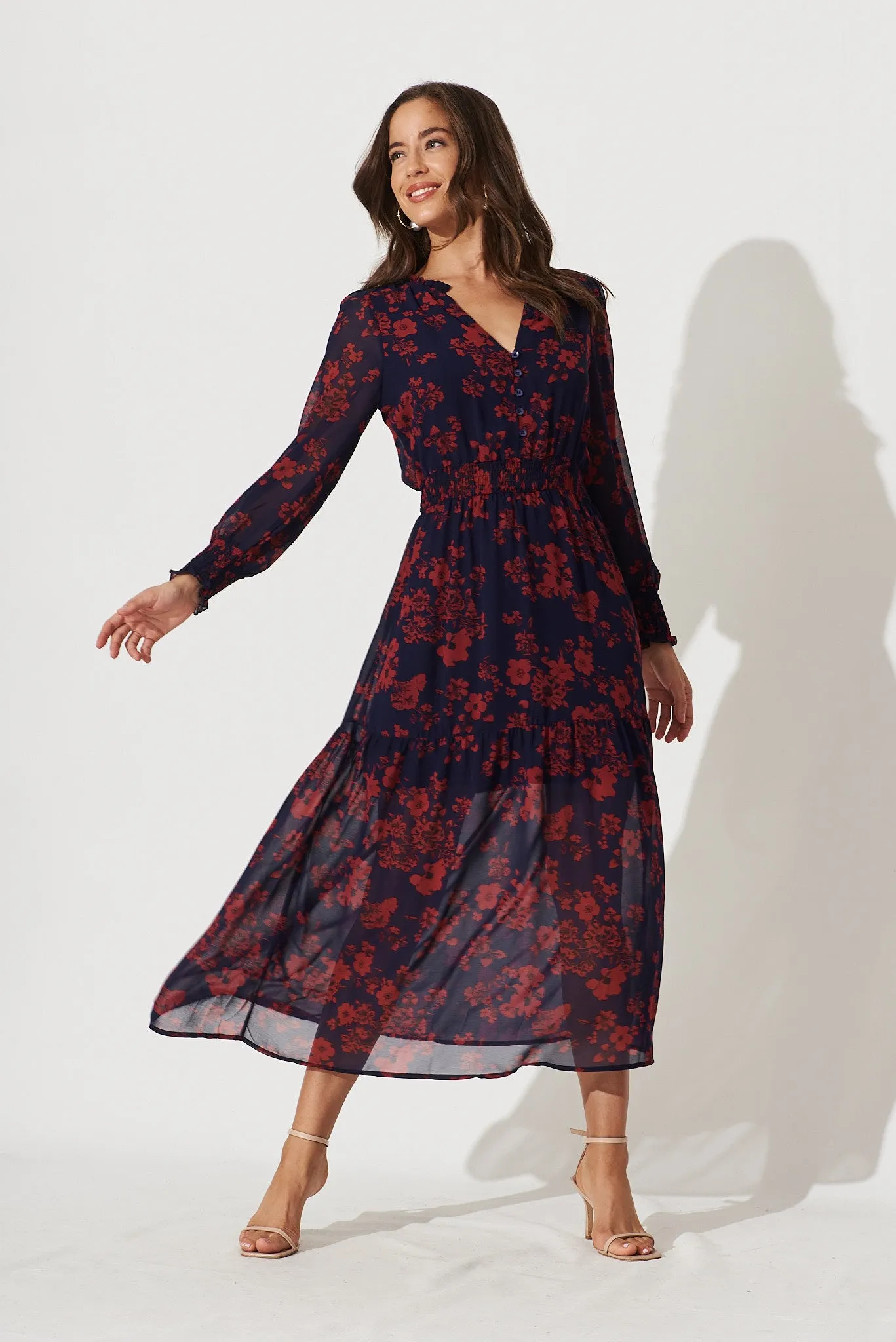Hamilton Maxi Dress In Navy With Burgundy Floral Chiffon sold by St Frock