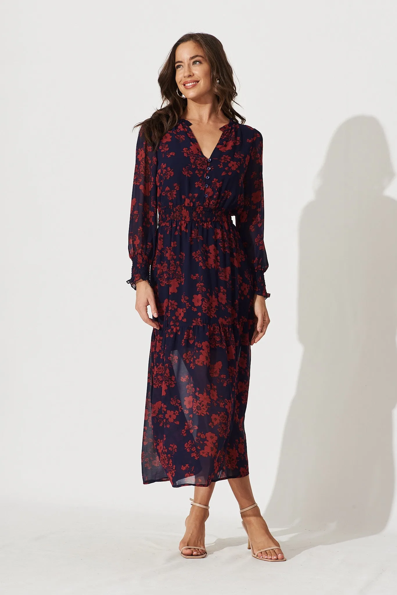Hamilton Maxi Dress In Navy With Burgundy Floral Chiffon sold by St Frock product image thumbnail 2