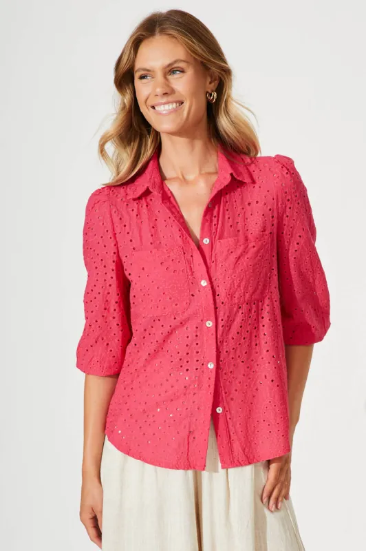 Delight Shirt In Pink Broderie Linen Blend sold by St Frock