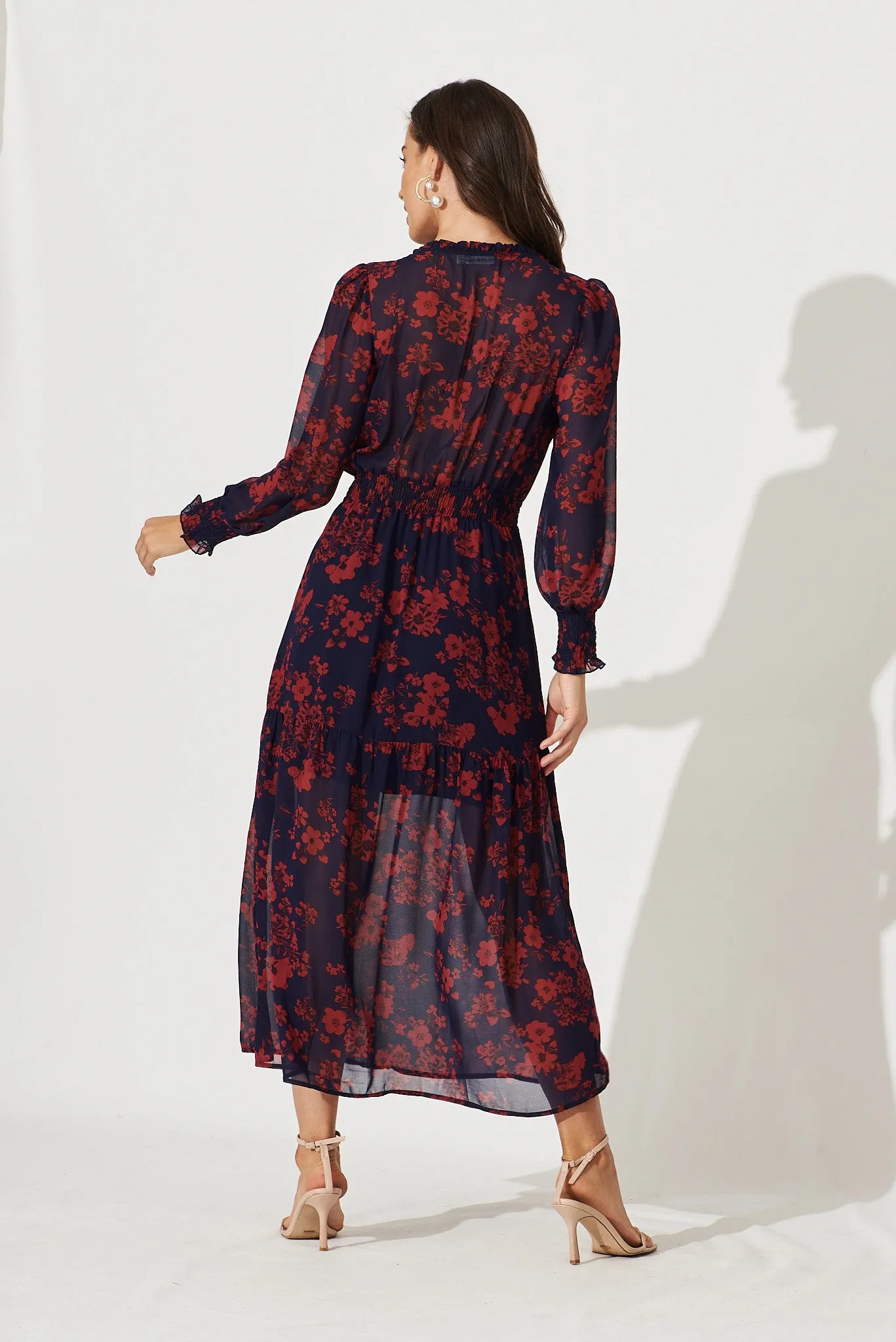 Hamilton Maxi Dress In Navy With Burgundy Floral Chiffon sold by St Frock product image thumbnail 5
