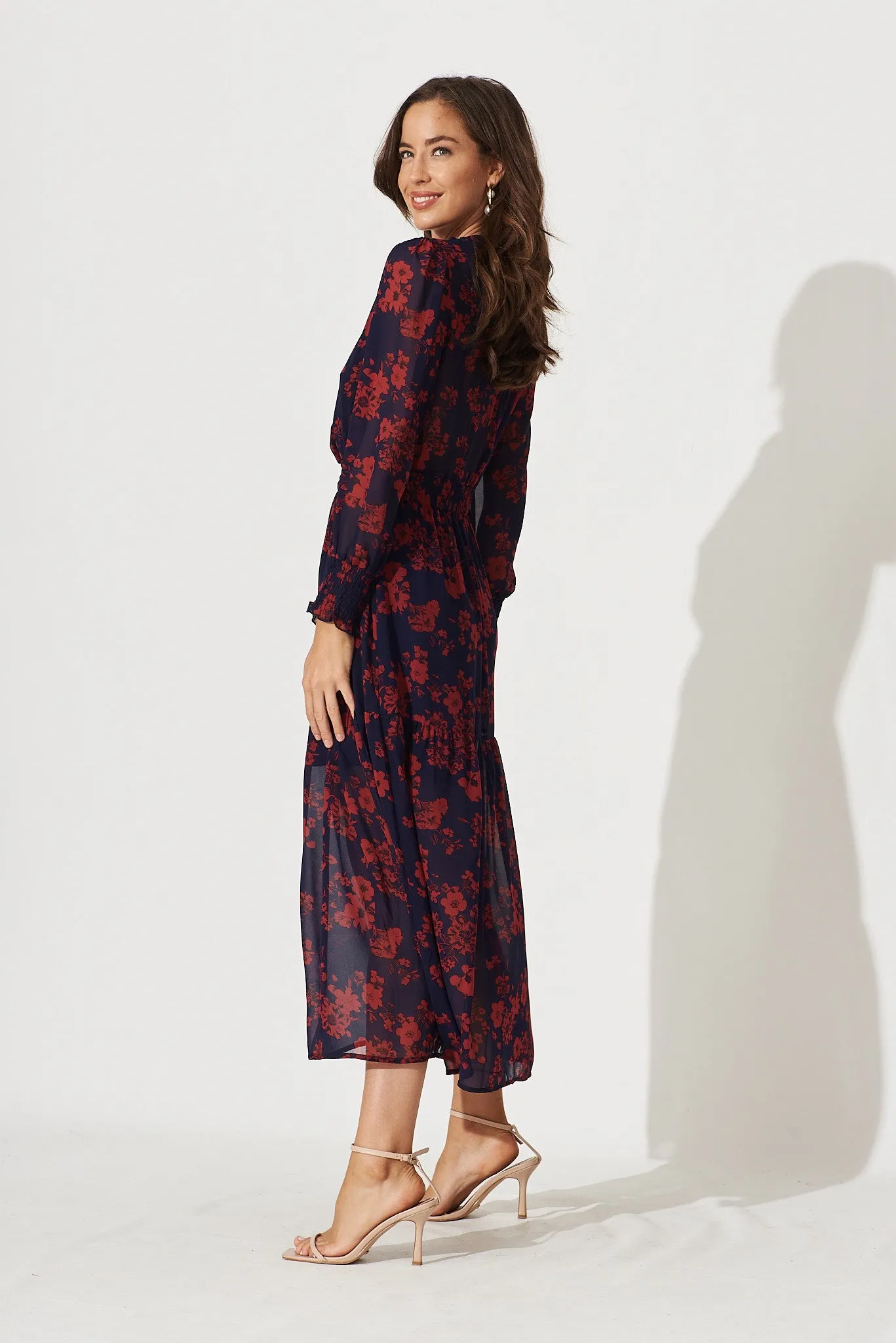 Hamilton Maxi Dress In Navy With Burgundy Floral Chiffon sold by St Frock product image thumbnail 4