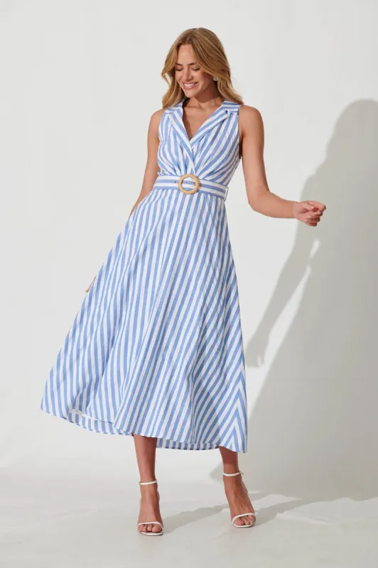 Solera Midi Dress In Blue And White Stripe Cotton Blend sold by St Frock