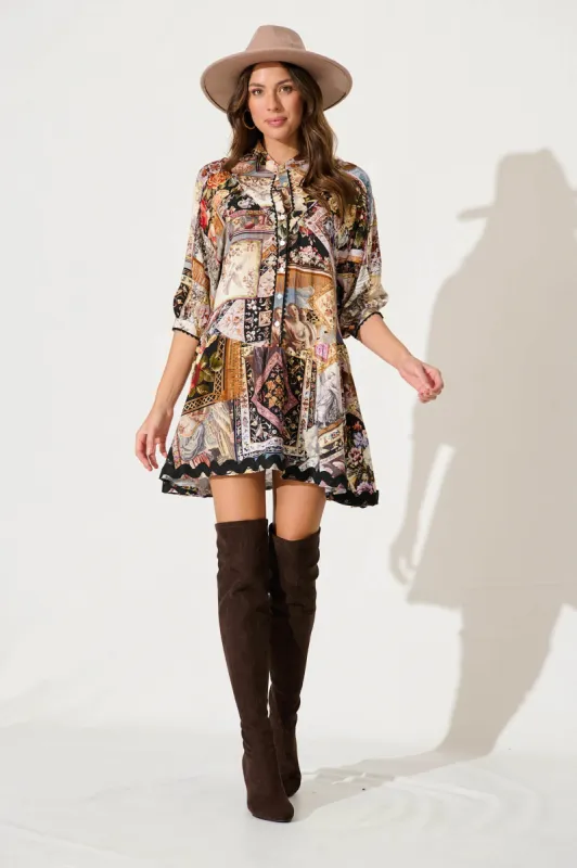Chase Smock Dress In Black Multi Patchwork With Ric Rac Trim sold by St Frock