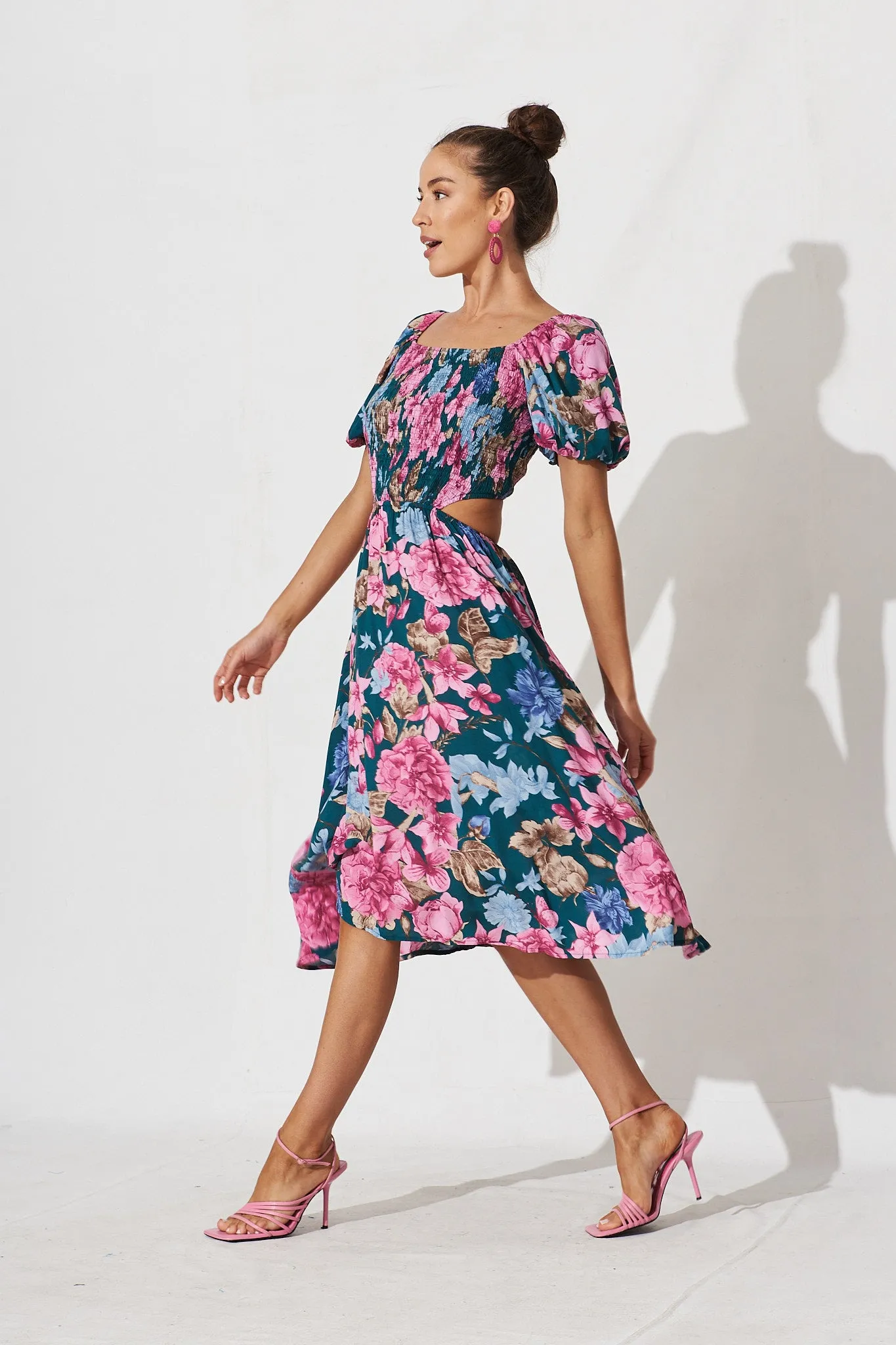 Laureate Midi Dress In Teal With Pink Floral sold by St Frock product image thumbnail 4