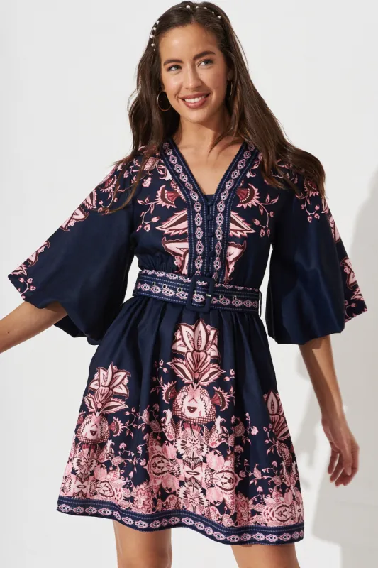 Amira Shirt Dress In Navy With Blush Floral sold by St Frock